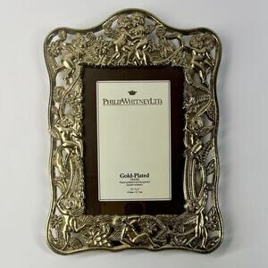 Philip Whitney Gold Ornate Angel Cherub Flowers Picture Frame 6x8” Fits 3.5x5”